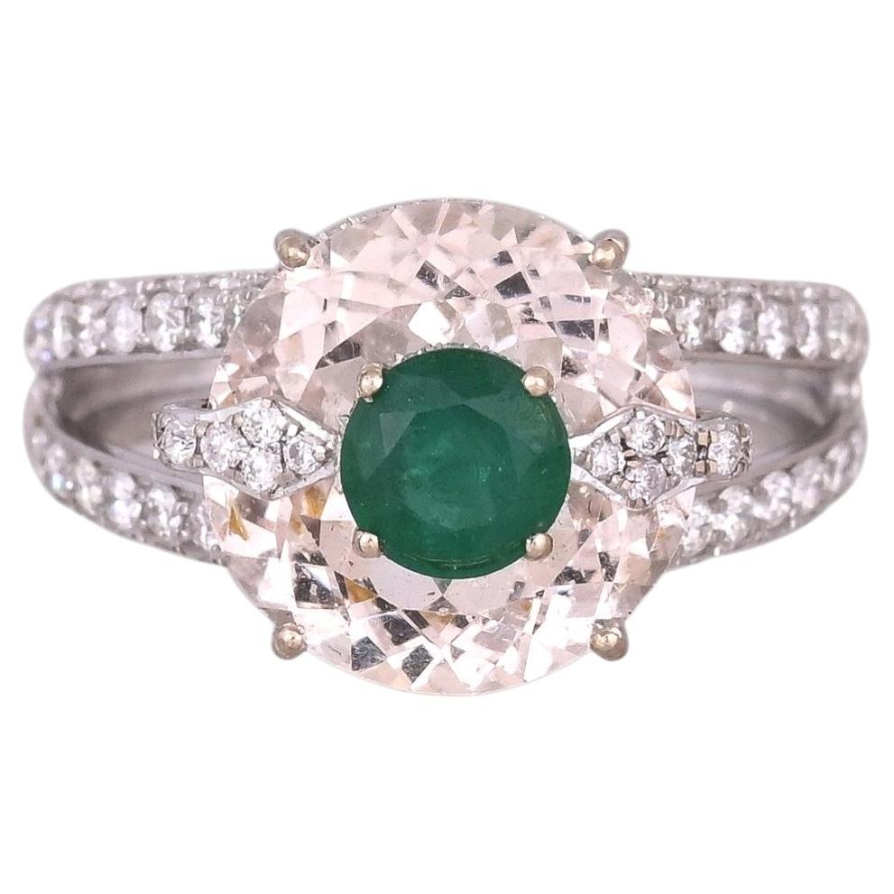 Set in 18K white Gold, Morganite, Emerald & Diamonds "Kissing" Engagement Ring