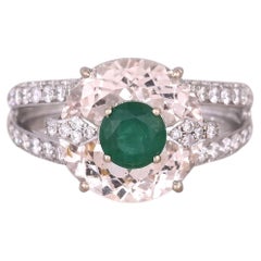 Set in 18K white Gold, Morganite, Emerald & Diamonds "Kissing" Engagement Ring