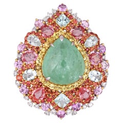Anello a cupola da cocktail con montatura in oro 18 carati, cabochon Paraíba, zaffiri di vari colori e diamanti