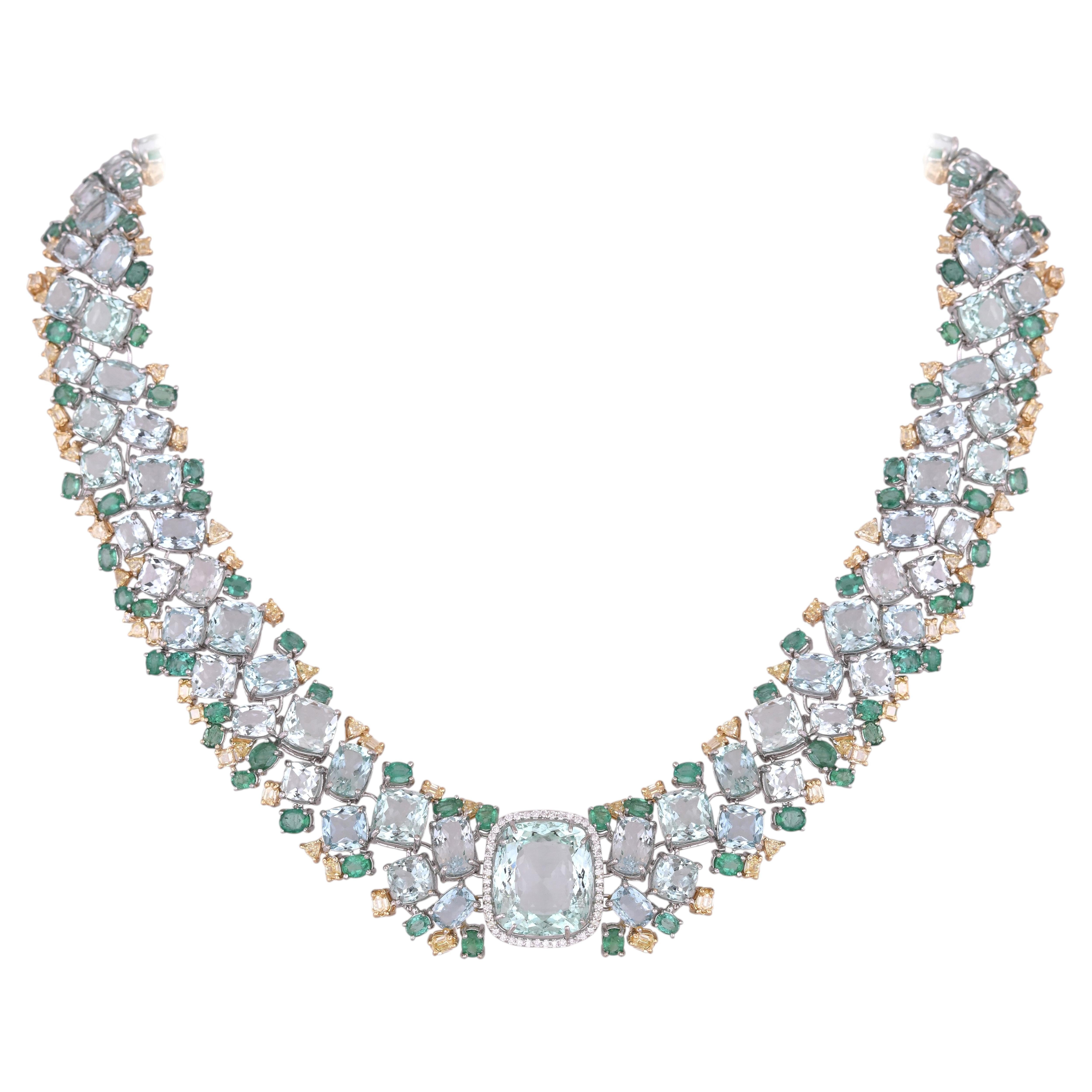Set in 18K white Gold, Aquamarines, Emeralds & Yellow Diamonds Link Necklace