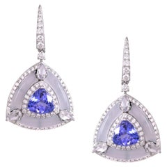 Set in 18K white Gold, Tanzanites, Chalcedony & Rose Cut Diamond Dangle Earrings