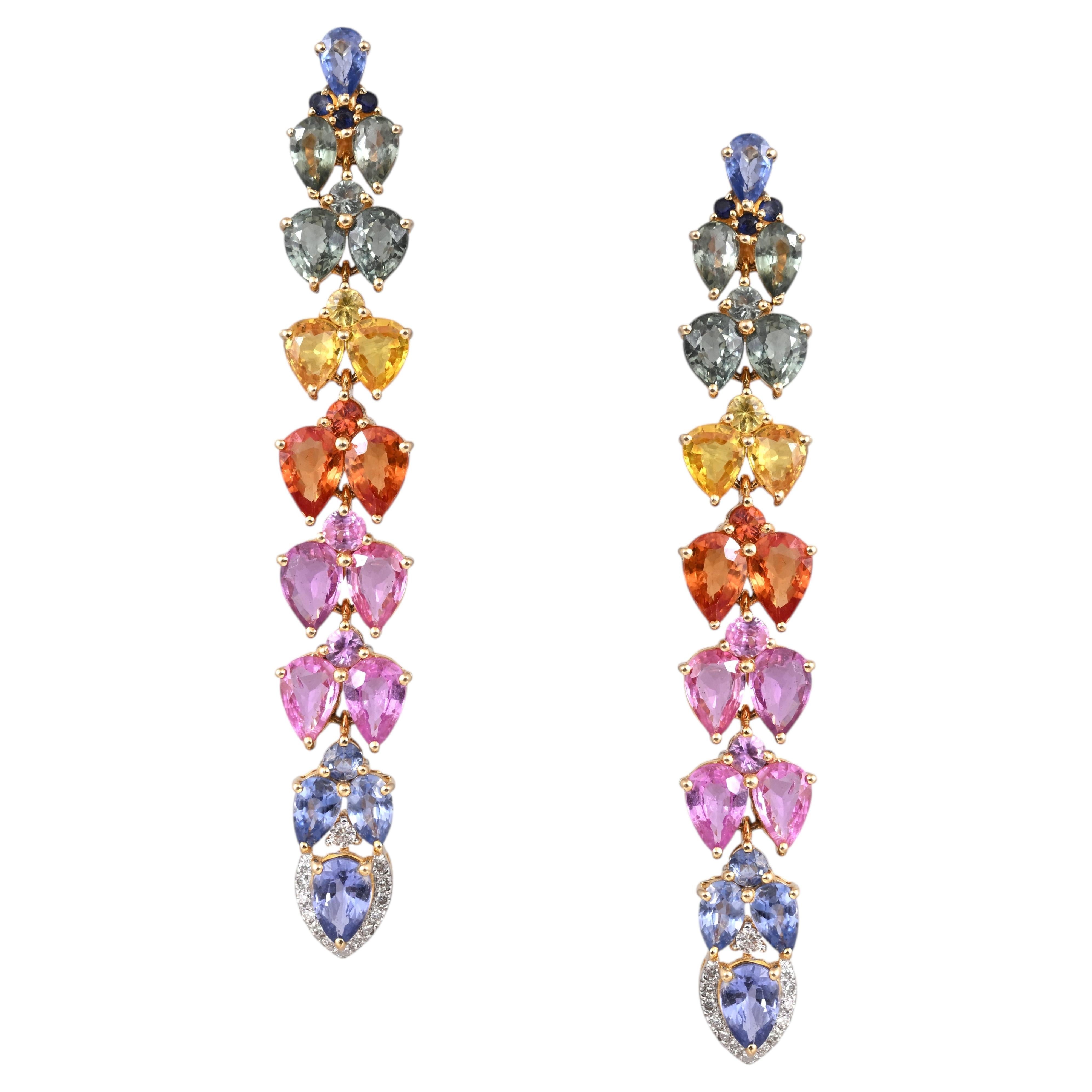Set in 18K Yellow Gold, Ceylon Multi Sapphires & Diamonds Chandelier Earrings