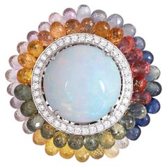 Set in 18K Gold, Ethiopian Opal, Multi Sapphire Briolettes & Diamonds Dome Ring