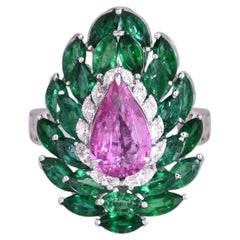 Set in 18K Gold, Zambian Emerald, Ceylon Pink Sapphires & Diamonds Cocktail Ring