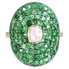 Set in 18K Gold, Tsavorite Garnets & Yellow Rose Cut Diamond Engagement Ring