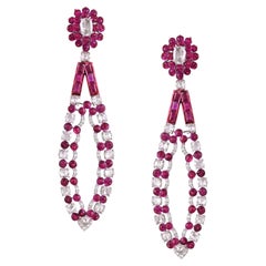 Set in 18K white Gold, 11.04 carat Mozambique Ruby & Diamond Chandelier Earrings