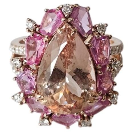 Anello di fidanzamento in oro rosa 18 carati con morganite, zaffiri rosa e diamanti