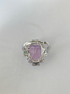 Anillo de compromiso con kunzita, esmeralda y diamantes, engastado en oro blanco de 18 quilates, 15,83 quilates