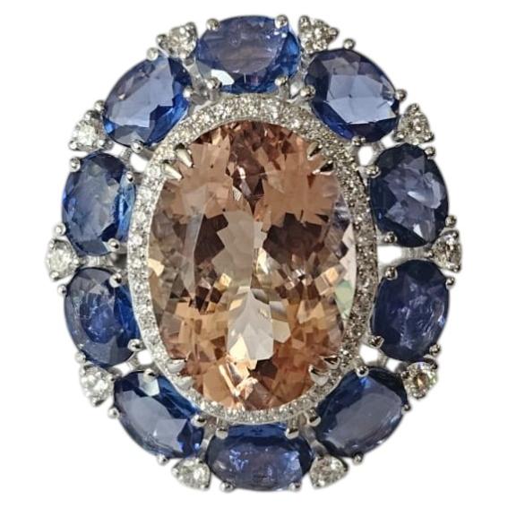 Set in 18K Gold, Morganite, Ceylon Blue Sapphire & Diamond Cocktail Ring For Sale