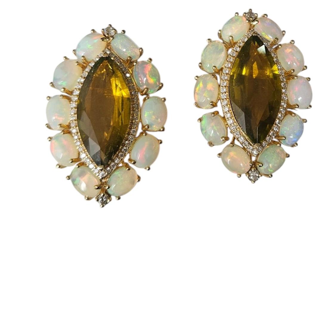 Set in 18K Yellow Gold, Honey Tourmaline, Ethiopian Opal & Diamond Stud Earring