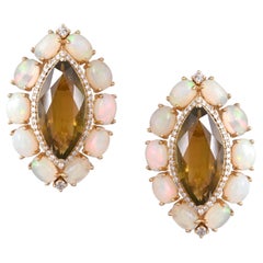 Set in 18K Yellow Gold, Honey Tourmaline, Ethiopian Opal & Diamond Stud Earring