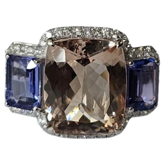 Set in 18K white Gold, Morganite, Tanzanite & Diamond Engagement Ring