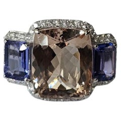 Set in 18K white Gold, Morganite, Tanzanite & Diamond Engagement Ring