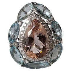 Set in 18K white Gold, Morganite, Aquamarine & Diamond Engagement Cocktail Ring
