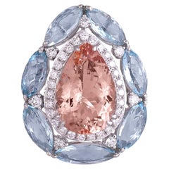 Set in 18K white Gold, Morganite, Aquamarine & Diamond Engagement Cocktail Ring