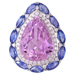 Set in 18K Gold, Kunzite, Blue Sapphires & Diamond Cocktail Engagement Ring