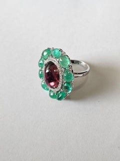 Set in 18K Gold, Emerald & Tourmaline Cabochon & Diamond Cocktail Dome Ring