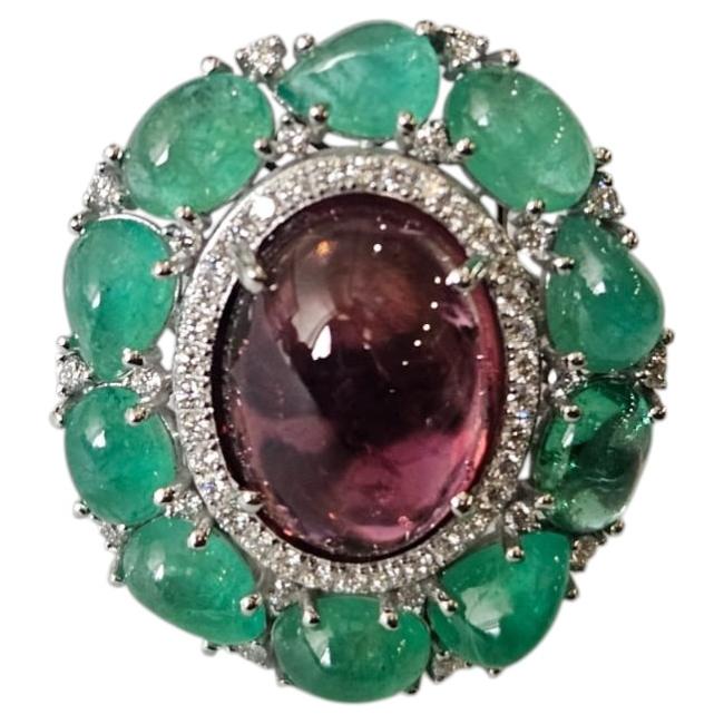 Set in 18K Gold, Emerald & Tourmaline Cabochon & Diamond Cocktail Dome Ring For Sale