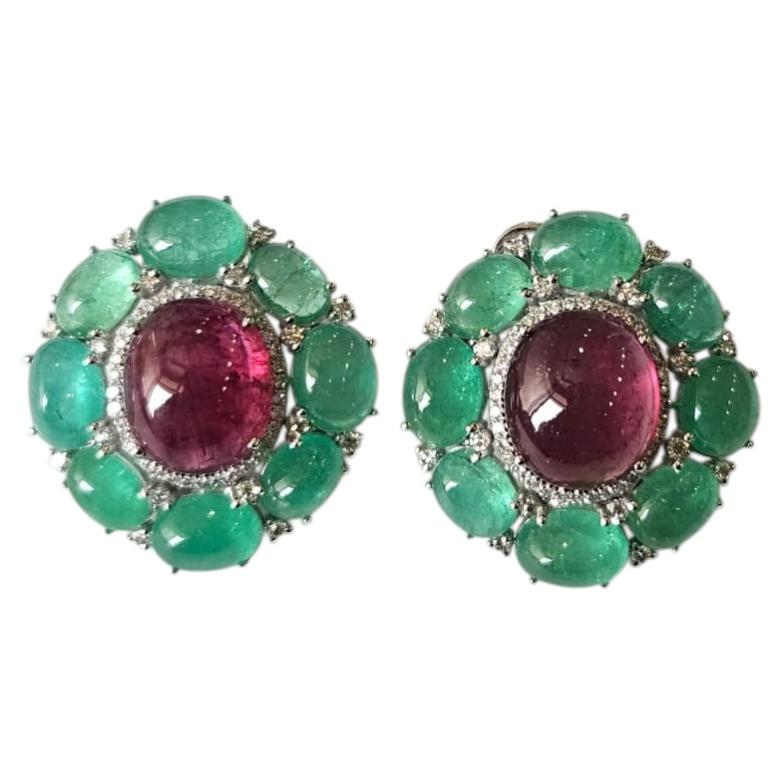 Set in 18K white Gold, Tourmaline & Emerald Cabochon & Diamond Stud Earring For Sale