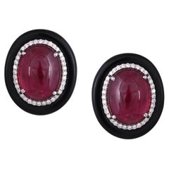 Set in 18K Gold, Tourmaline Cabochon, Black Onyx & Diamond Stud Earring