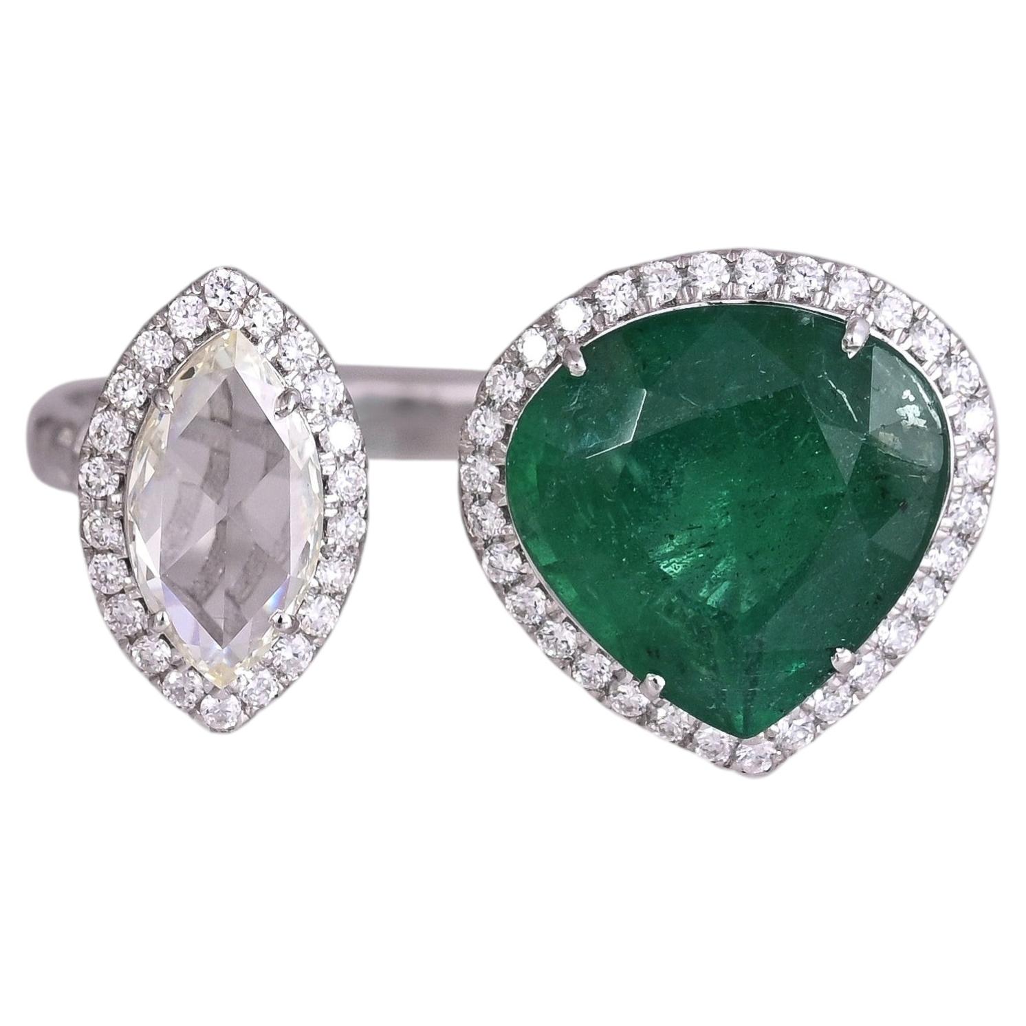 Bague de fiançailles en or 18 carats, sertie d'une émeraude de Zambie de 4,05 carats et de diamants taille rose