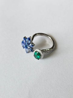 Set in 18K Gold, Zambian Emerald, Ceylon Blue Sapphire & Diamond Engagement Ring