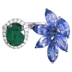 Set in 18K Gold, Zambian Emerald, Ceylon Blue Sapphire & Diamond Engagement Ring