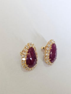 Set in 18K Yellow Gold, Faceted Mozambique Ruby & Yellow Diamond Stud Earring