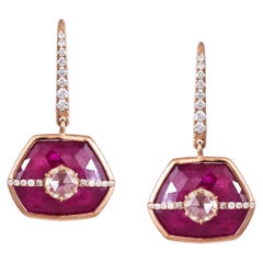 Set in 18K Rose Gold, 6.00 carats Faceted Ruby & Rose Cut Diamond Dangle Earring