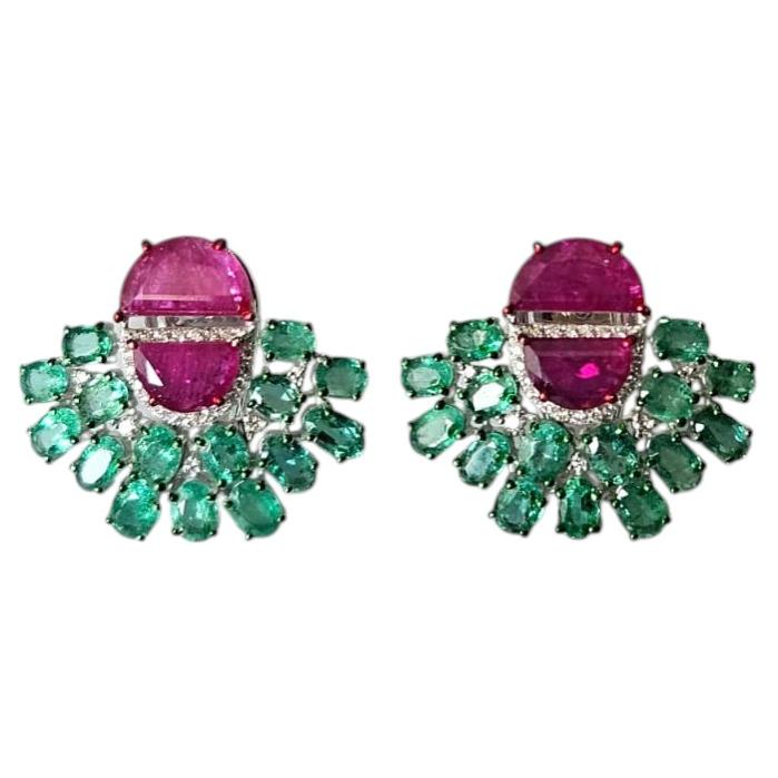 Set in 18K white Gold, Mozambique Ruby, Zambian Emerald & Diamond Stud Earring