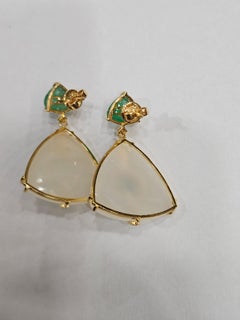 Set in 18K Yellow Gold, Emerald Sugarloaf, Chalcedony & Diamond Dangle Earring