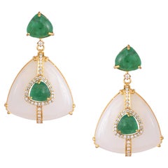 Set in 18K Yellow Gold, Emerald Sugarloaf, Chalcedony & Diamond Dangle Earring
