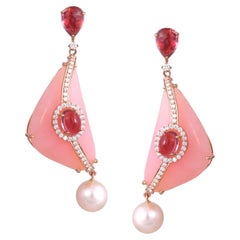 Orecchini pendenti in oro rosa 18 carati con tormalina, opale rosa, perla d'acqua dolce e diamanti