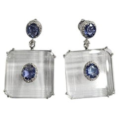 Set in 18K white Gold, Blue Sapphire, Rock Crystal & Diamond Chandelier Earring
