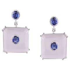 Set in 18K white Gold, Blue Sapphire, Rock Crystal & Diamond Chandelier Earring