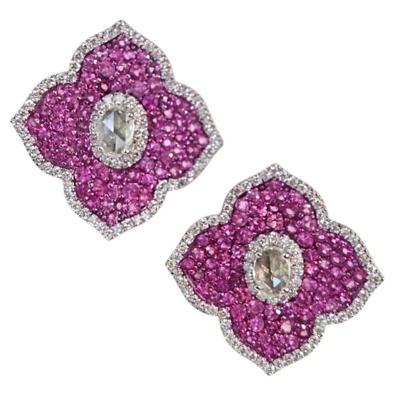 Set in 18K White Gold, Pink Sapphire & Rose Cut Diamond Stud Earring
