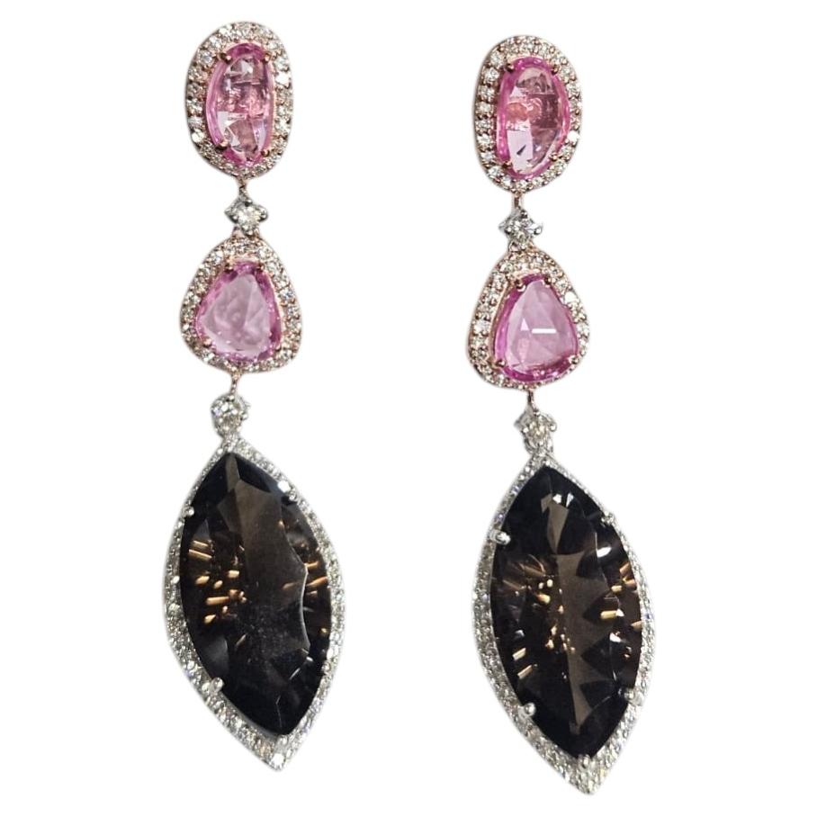 Ohrhänger aus 18-karätigem Gold mit rosa Saphir, Rauchquarz und Diamanten im Angebot