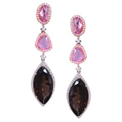Set in 18K Gold, Pink Sapphire, Smoky Quartz & Diamond Dangle Drop Earring
