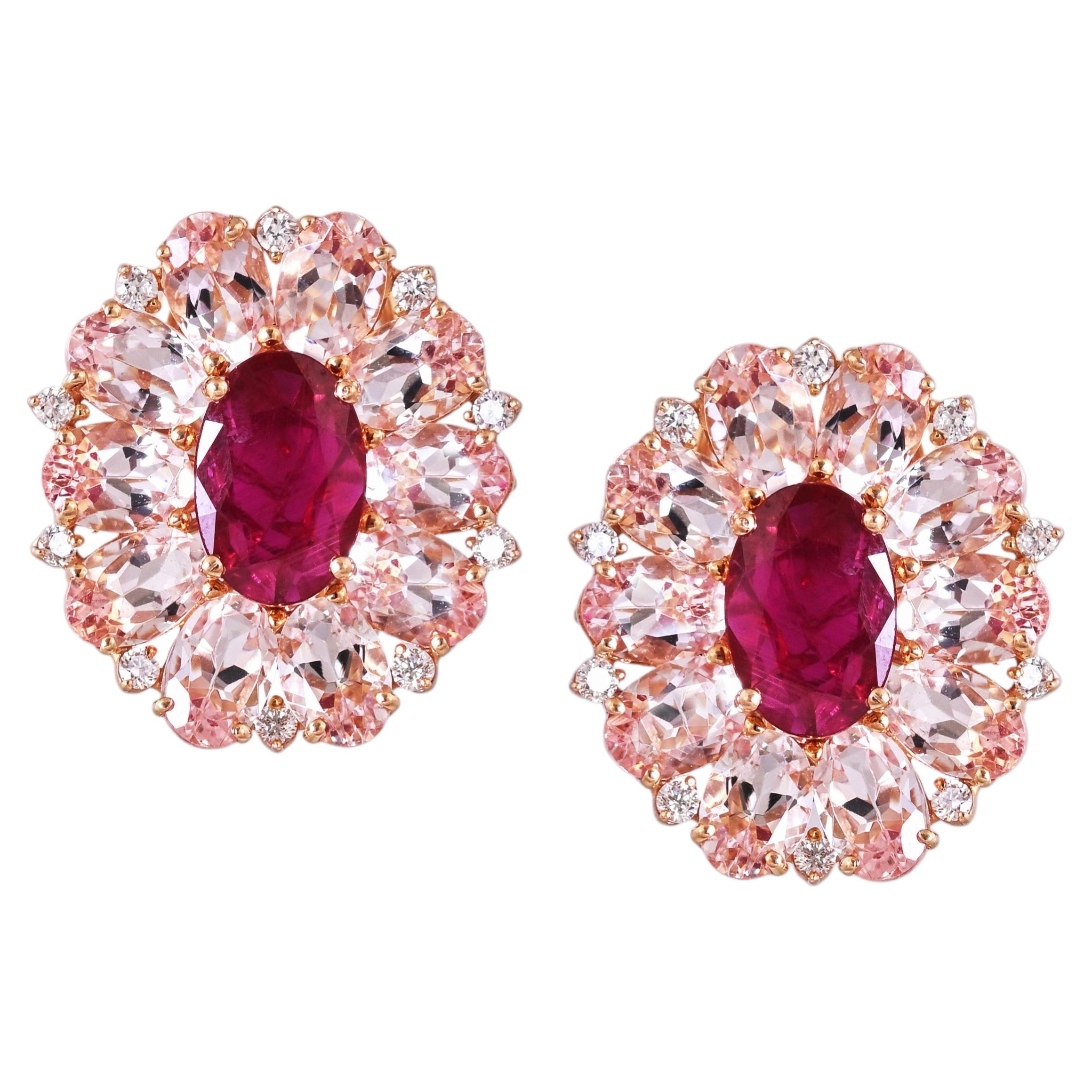 Set in 18K Rose Gold, Mozambique Ruby, Morganite & Diamond Stud Earring