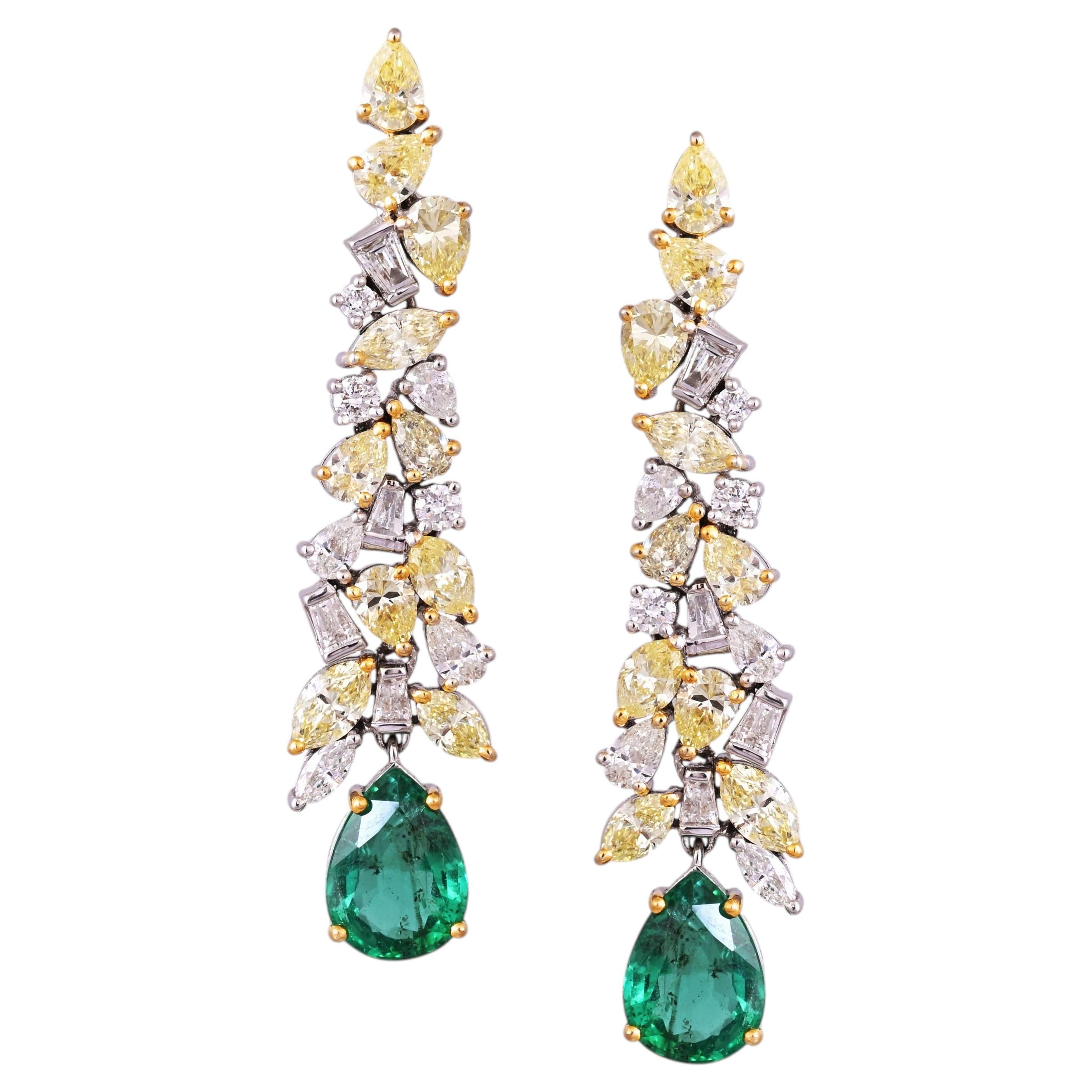 Set in 18K Gold, natural Zambian Emerald & Yellow Diamond Chandelier Earring