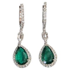 Set in 18K white Gold, 3.46 carat natural Zambian Emerald & Diamond Drop Earring