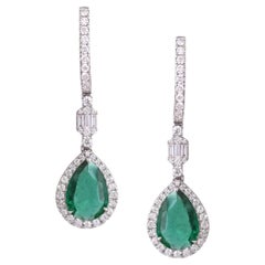 Set in 18K white Gold, 3.46 carat natural Zambian Emerald & Diamond Drop Earring