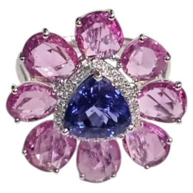 Set in 18K Gold, 7.38 carats, Tanzanite, Pink Sapphire & Diamond Engagement Ring
