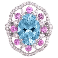 Set in 18K Gold, Aquamarine, Pink Sapphire & Diamond Engagement Cocktail Ring