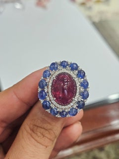 Set in 18K Gold, Tourmaline & Blue Sapphire Cabochon & Diamond Engagement Ring