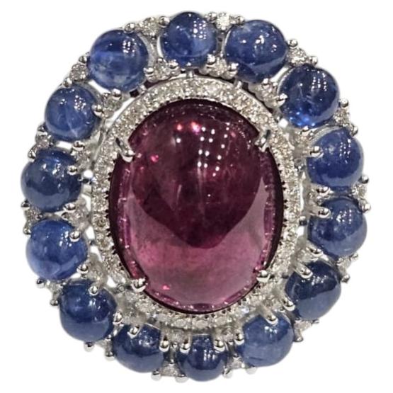 Set in 18K Gold, Tourmaline & Blue Sapphire Cabochon & Diamond Engagement Ring