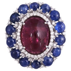 Set in 18K Gold, Tourmaline & Blue Sapphire Cabochon & Diamond Engagement Ring