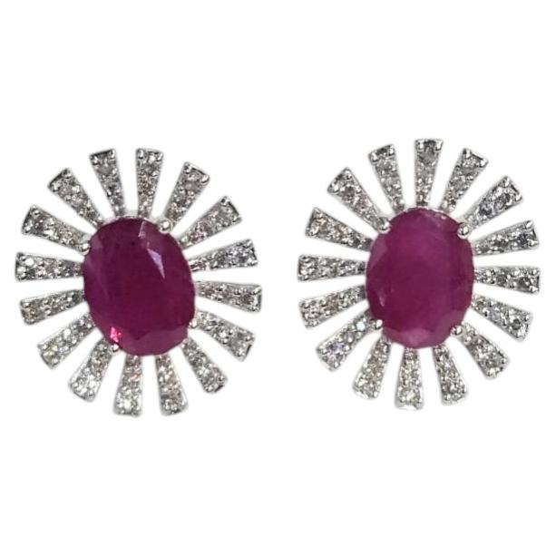 Set in 18K Gold, 4.59 carats, natural Mozambique Ruby & Diamond Stud Earring For Sale