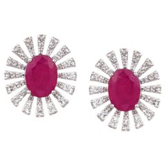 Set in 18K Gold, 4.59 carats, natural Mozambique Ruby & Diamond Stud Earring