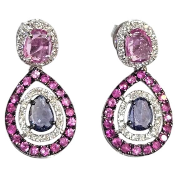 Set in 18K white Gold, Blue Sapphire, Pink Sapphire & Diamond Dangle Earrings For Sale